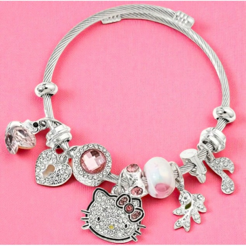Hello Kitty Adjustable Charm Bracelet Rhinestones Silver Tone Pink Dangle Bangle